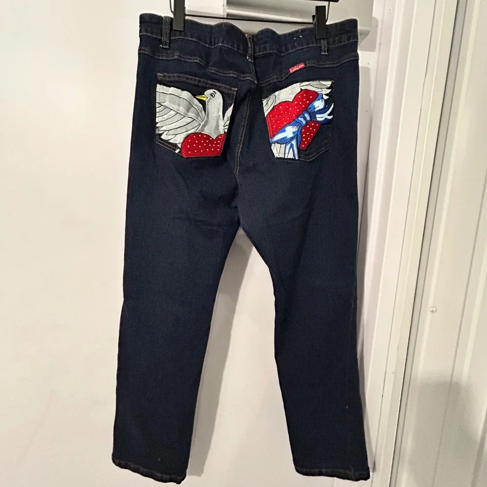 Paco Jeans Mens Dark Wash Embroidered Dove Heart Streetwear Straight Leg Jeans